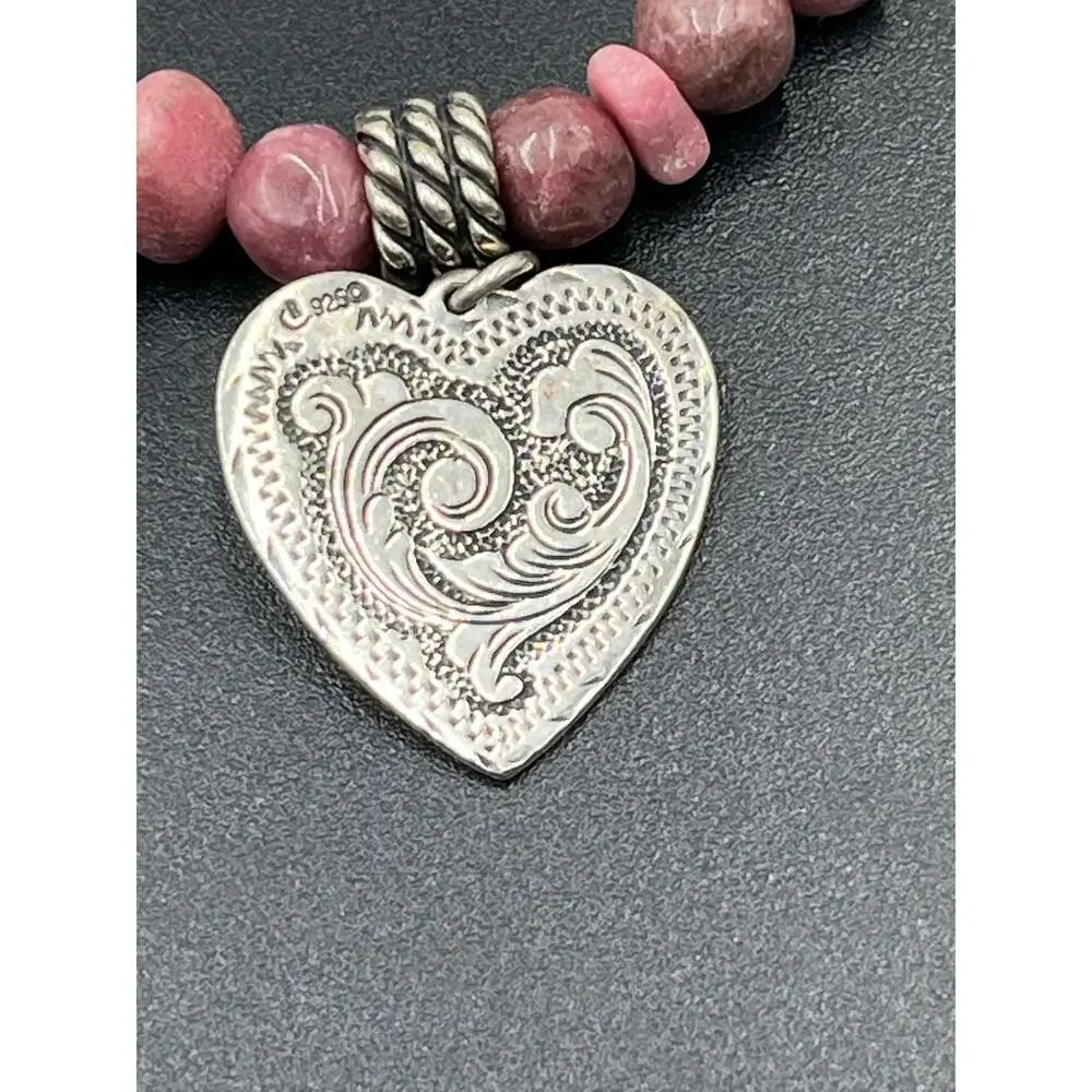 Relios Carolyn Pollack Sterling Heart Charm Rhodonite Pink Bead Stretch Bracelet